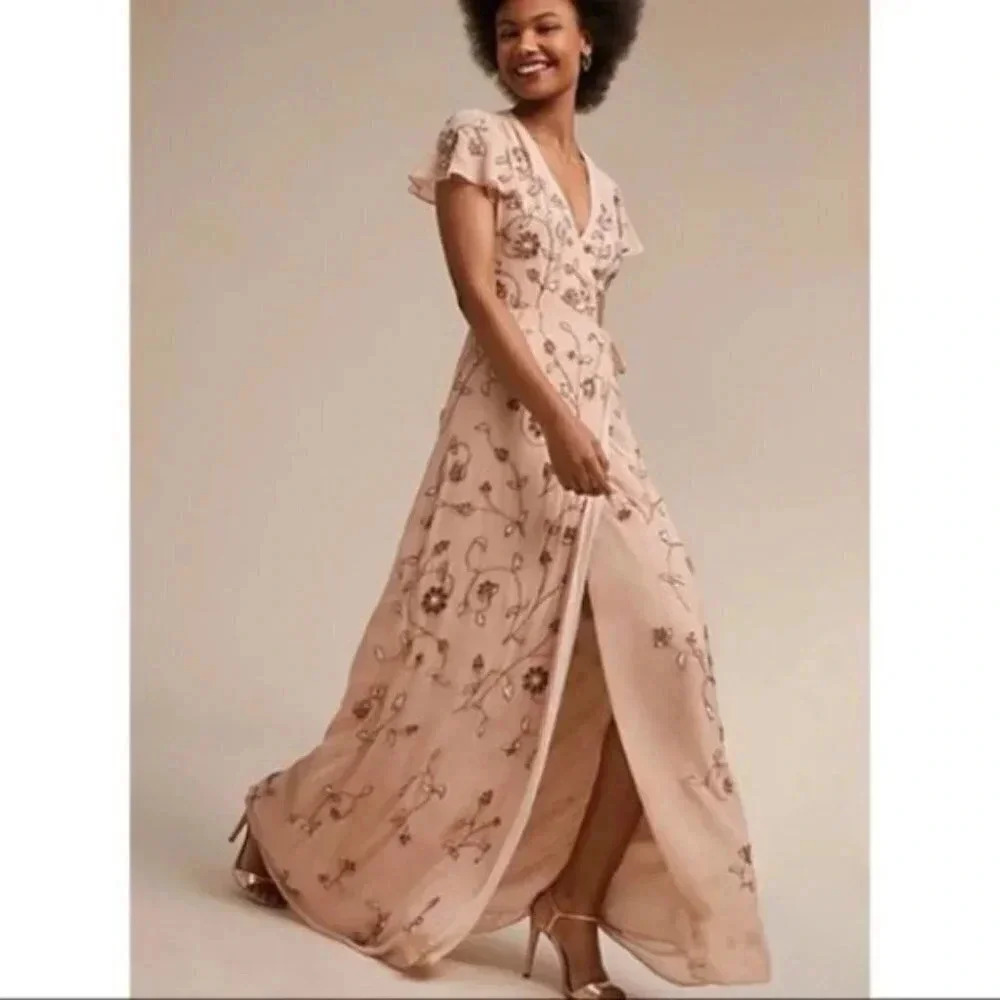 NWT BHLDN Plymouth Beaded Formal Wrap Maxi Dress Tan Size 2